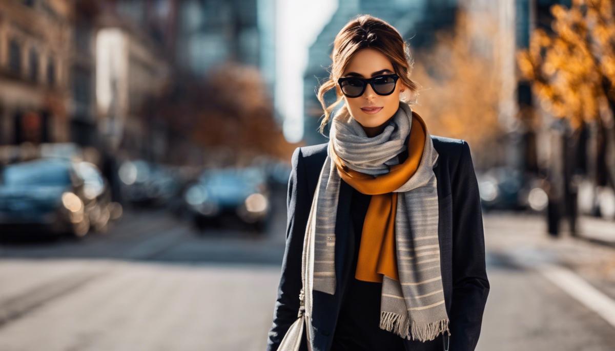 image description: A fashionable person wearing chiropractor-friendly attire walking confidently with sunglasses and a scarf, symbolizing the merging of style and wellness