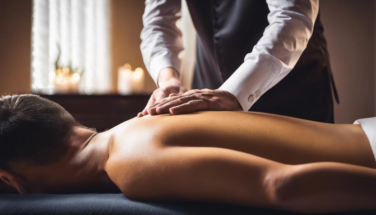 Image of a person receiving a chiropractic massage, with the therapist's hands gently massaging the person's back
