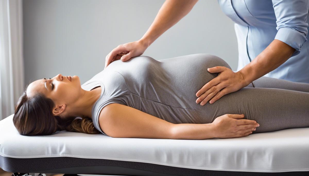 Image of a pregnant woman receiving chiropractic treatment, showing the safe and effective techniques used during maternity chiropractic care.