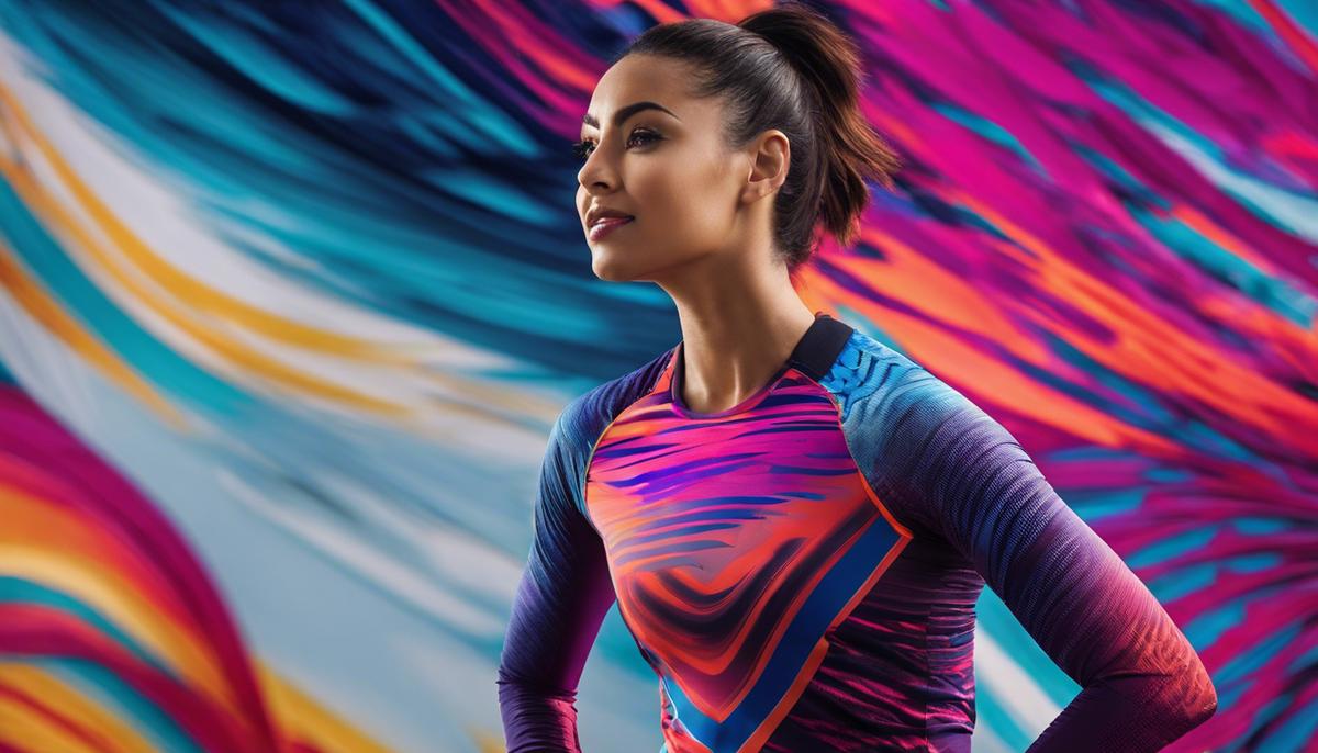 Image of stylish activewear with vibrant patterns and hues, embodying fashion-forward fitness trends for back pain relief